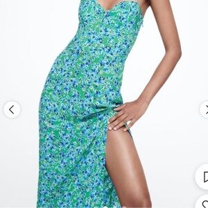 Zara Green and Blue Floral Midi Dress